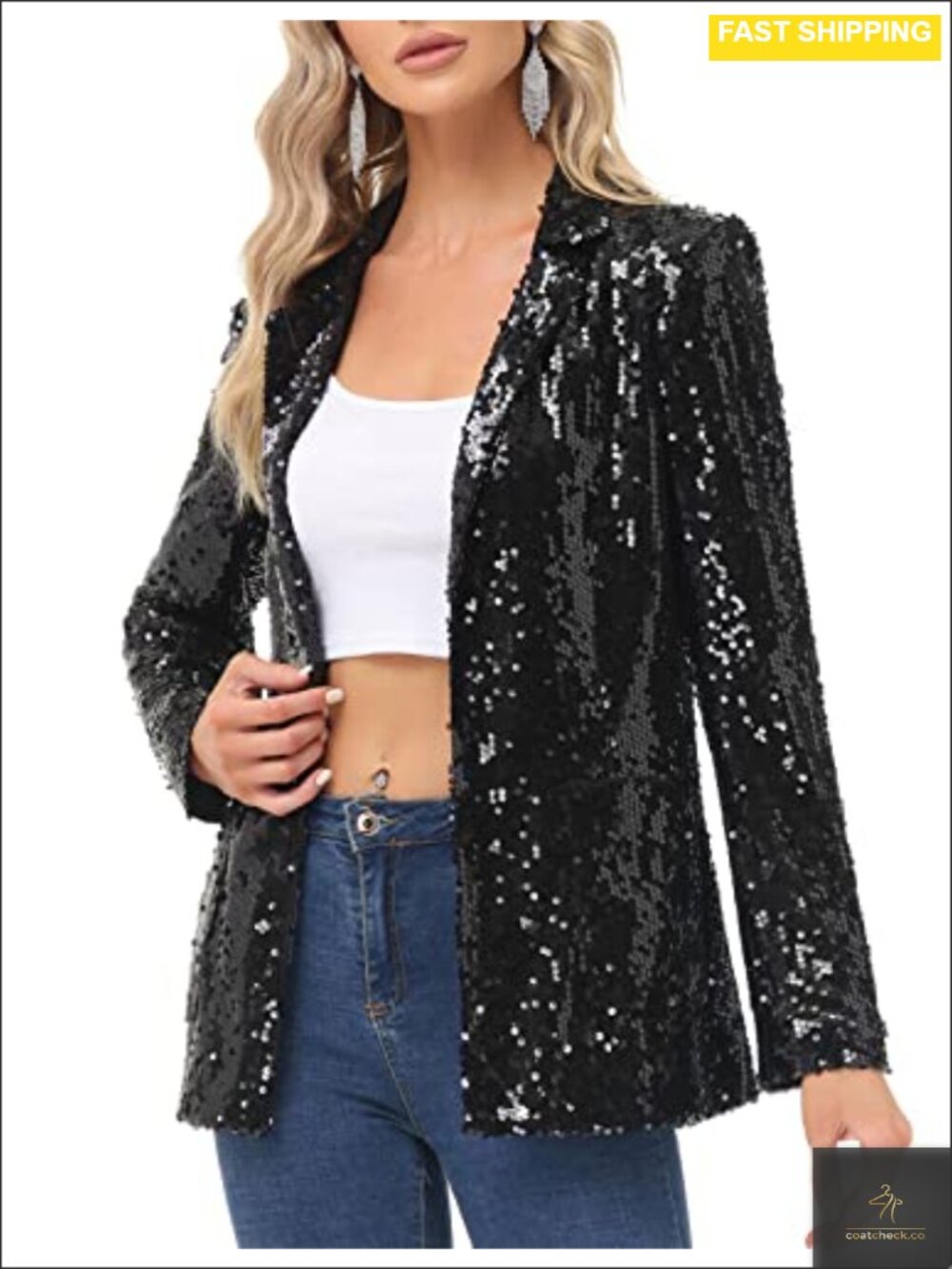 Sequin Blazer Jacket Open Front Long Sleeve Sparkly Cardigan Coat with Pockets